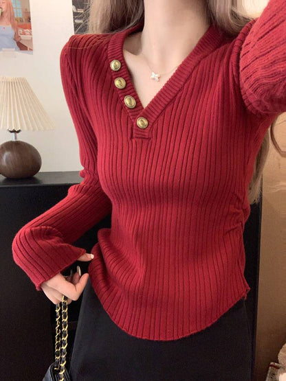 V-neck button knit top, slim fit long sleeve sweater for girls, winter base layer top, sweet soft-girl knit pullover, OOTDAY slim knitwear for women