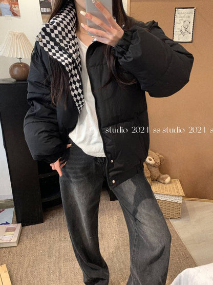 BF-style short winter padded jacket, cotton coat with stand collar for girls, sweet oversized puffer coat, 2025 trendy winter jacket for women, OOTDAY winter outerwear