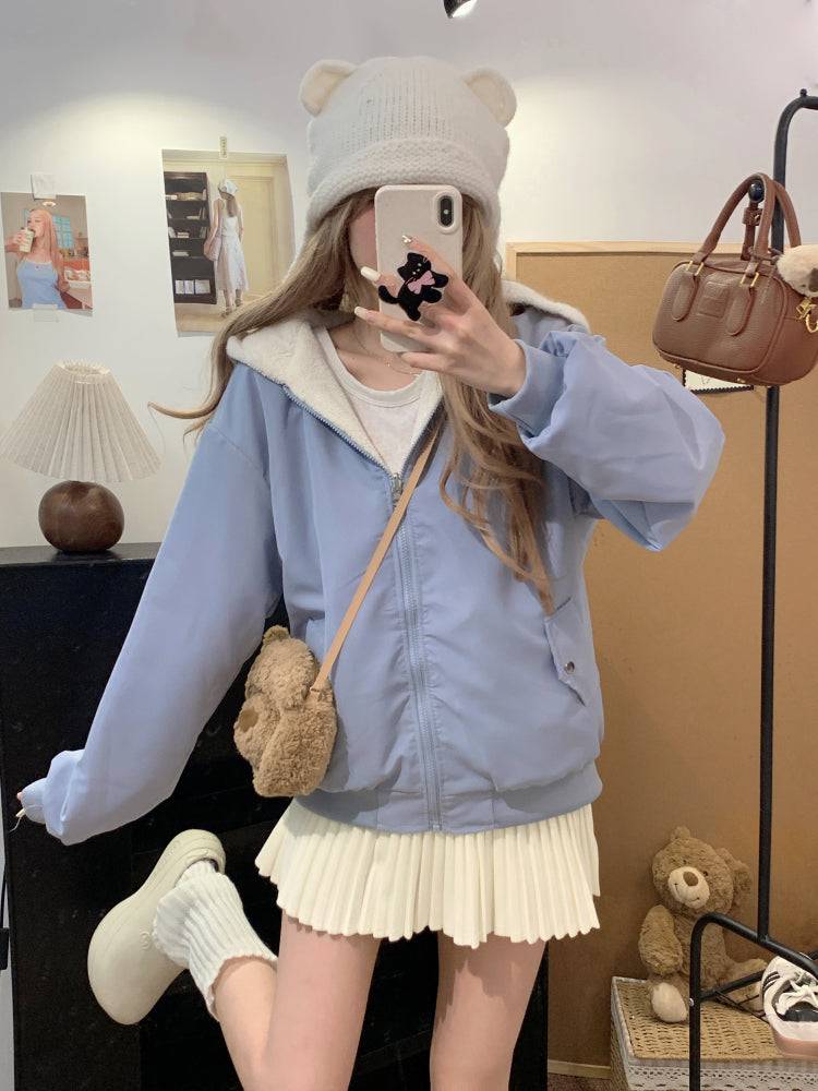 reversible lambswool hoodie jacket for women, fleece zip-up coat with hood, Korean sweet style winter jacket, thick plush knit cardigan, OOTDAY 2025 outerwear