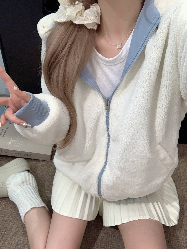 reversible lambswool hoodie jacket for women, fleece zip-up coat with hood, Korean sweet style winter jacket, thick plush knit cardigan, OOTDAY 2025 outerwear