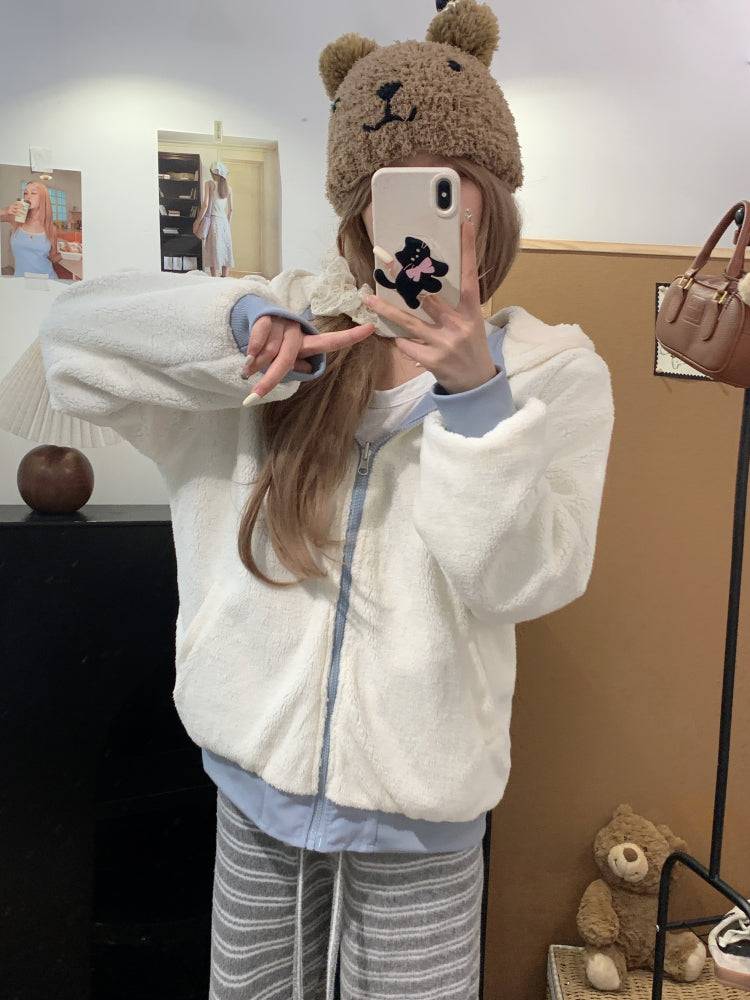 reversible lambswool hoodie jacket for women, fleece zip-up coat with hood, Korean sweet style winter jacket, thick plush knit cardigan, OOTDAY 2025 outerwear