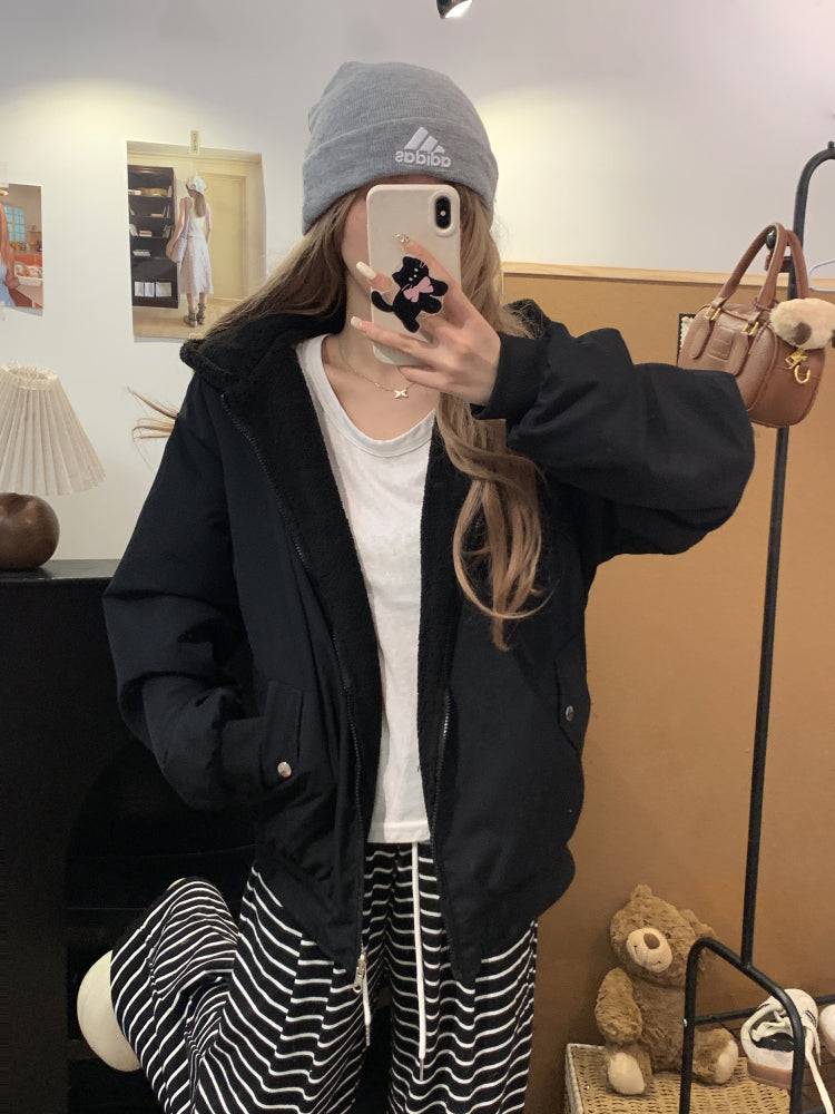 reversible lambswool hoodie jacket for women, fleece zip-up coat with hood, Korean sweet style winter jacket, thick plush knit cardigan, OOTDAY 2025 outerwear