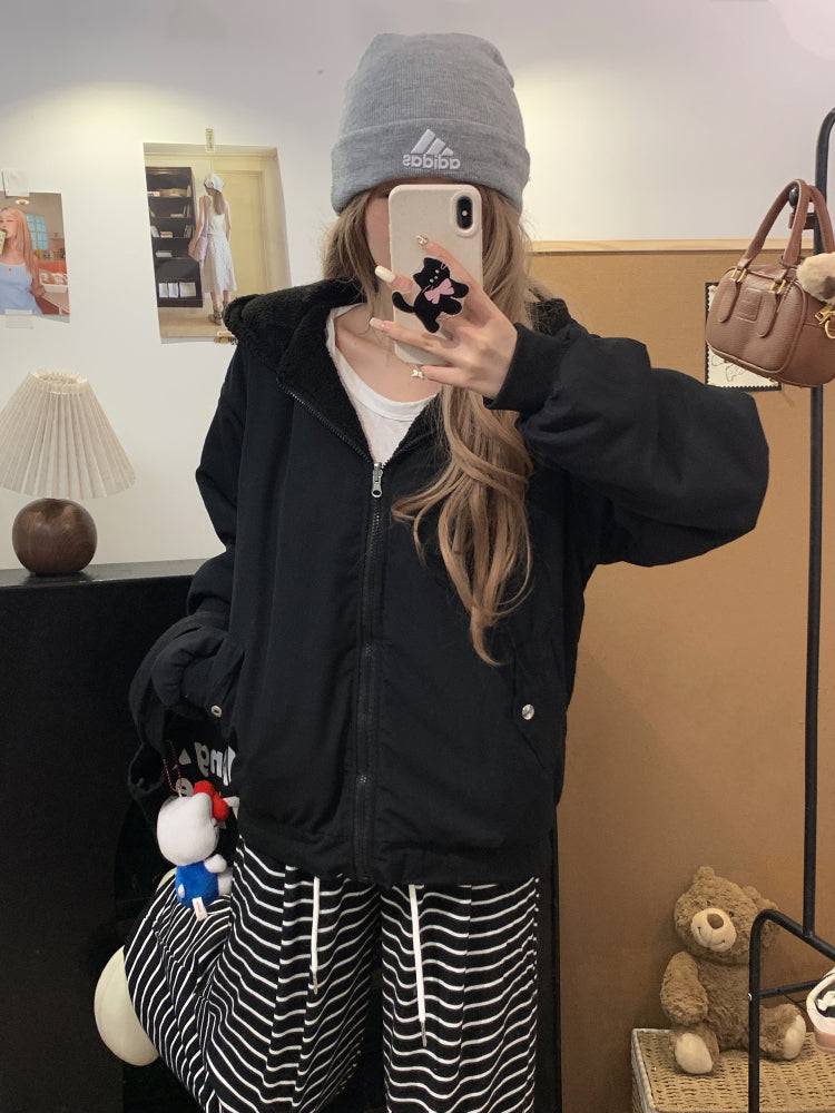 reversible lambswool hoodie jacket for women, fleece zip-up coat with hood, Korean sweet style winter jacket, thick plush knit cardigan, OOTDAY 2025 outerwear