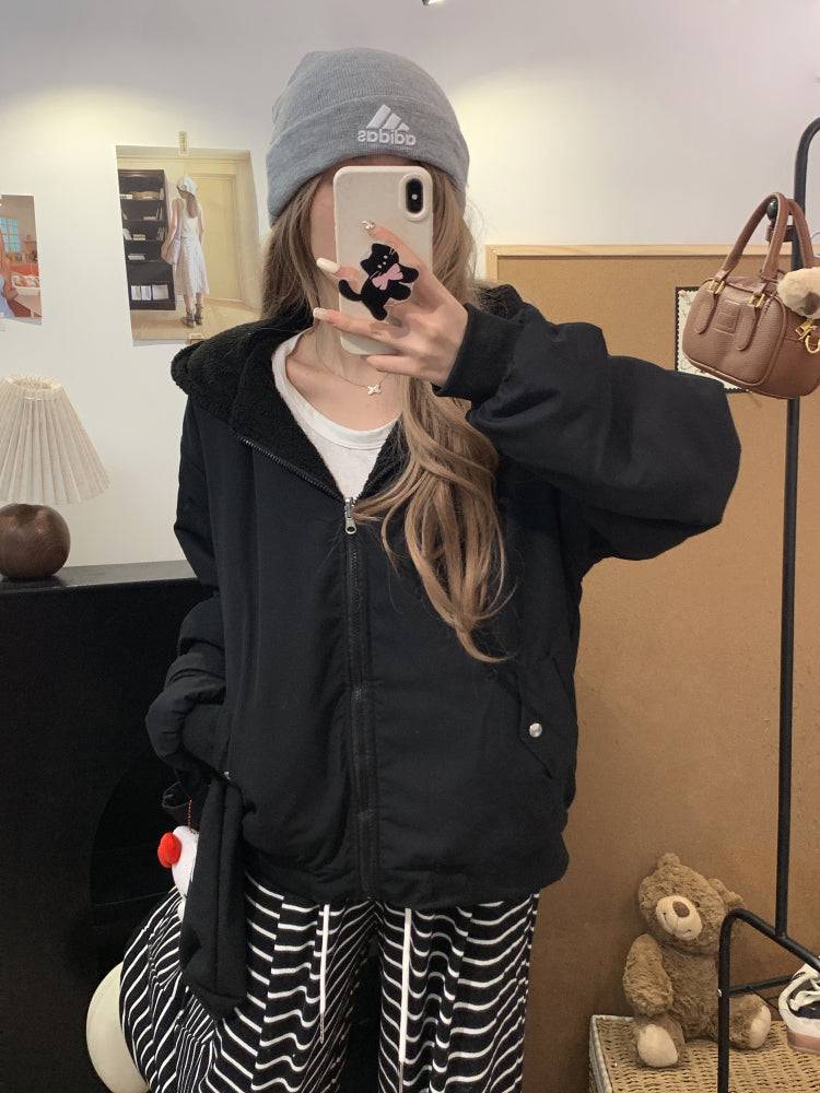 reversible lambswool hoodie jacket for women, fleece zip-up coat with hood, Korean sweet style winter jacket, thick plush knit cardigan, OOTDAY 2025 outerwear