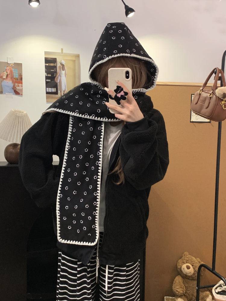 reversible lambswool hoodie jacket for women, fleece zip-up coat with hood, Korean sweet style winter jacket, thick plush knit cardigan, OOTDAY 2025 outerwear