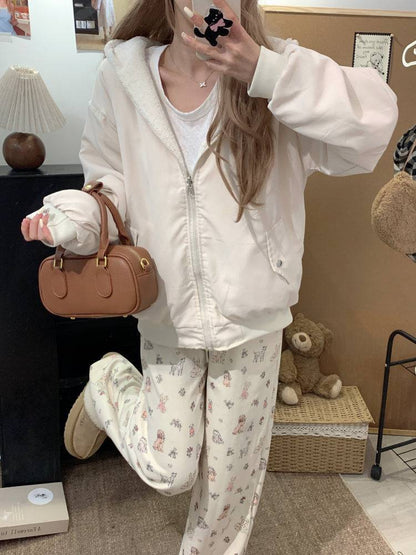 reversible lambswool hoodie jacket for women, fleece zip-up coat with hood, Korean sweet style winter jacket, thick plush knit cardigan, OOTDAY 2025 outerwear