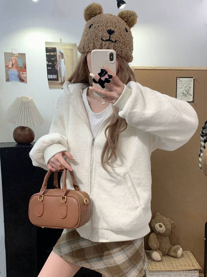 reversible lambswool hoodie jacket for women, fleece zip-up coat with hood, Korean sweet style winter jacket, thick plush knit cardigan, OOTDAY 2025 outerwear