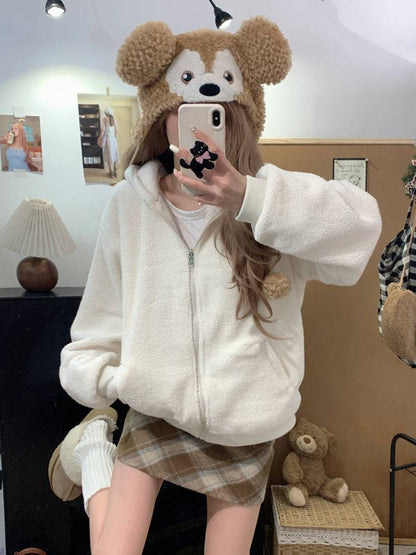 reversible lambswool hoodie jacket for women, fleece zip-up coat with hood, Korean sweet style winter jacket, thick plush knit cardigan, OOTDAY 2025 outerwear