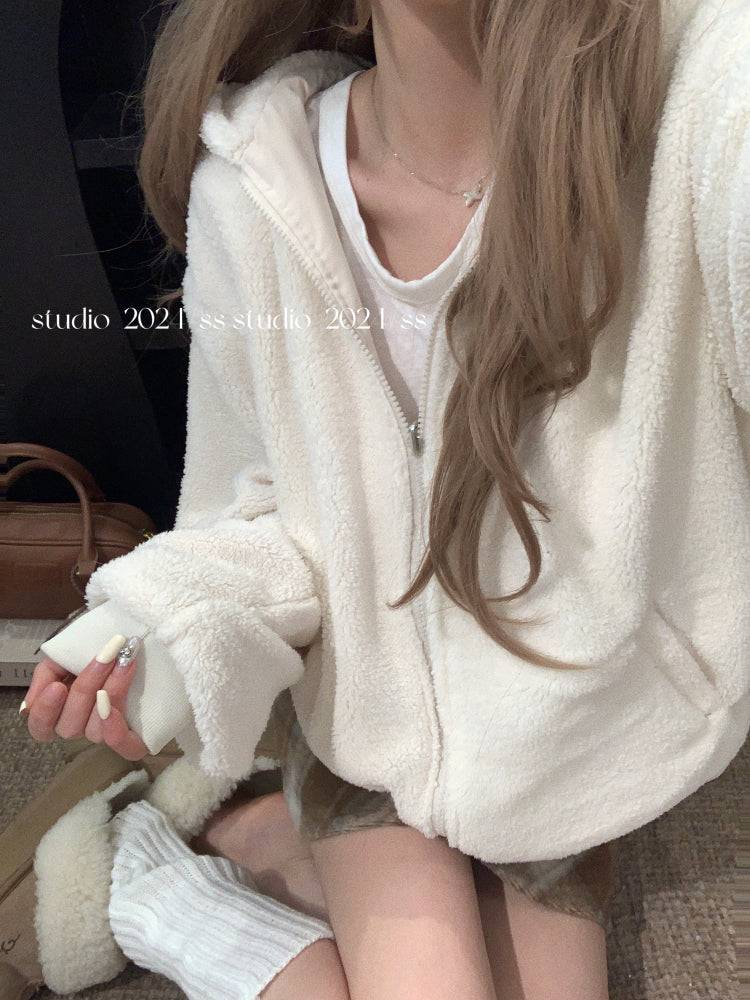 reversible lambswool hoodie jacket for women, fleece zip-up coat with hood, Korean sweet style winter jacket, thick plush knit cardigan, OOTDAY 2025 outerwear