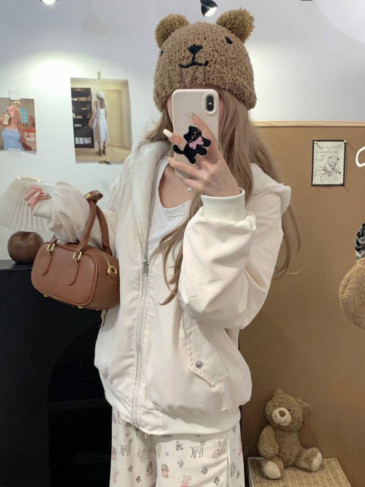 reversible lambswool hoodie jacket for women, fleece zip-up coat with hood, Korean sweet style winter jacket, thick plush knit cardigan, OOTDAY 2025 outerwear