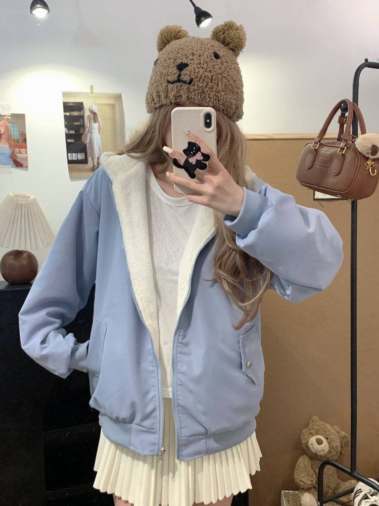 reversible lambswool hoodie jacket for women, fleece zip-up coat with hood, Korean sweet style winter jacket, thick plush knit cardigan, OOTDAY 2025 outerwear