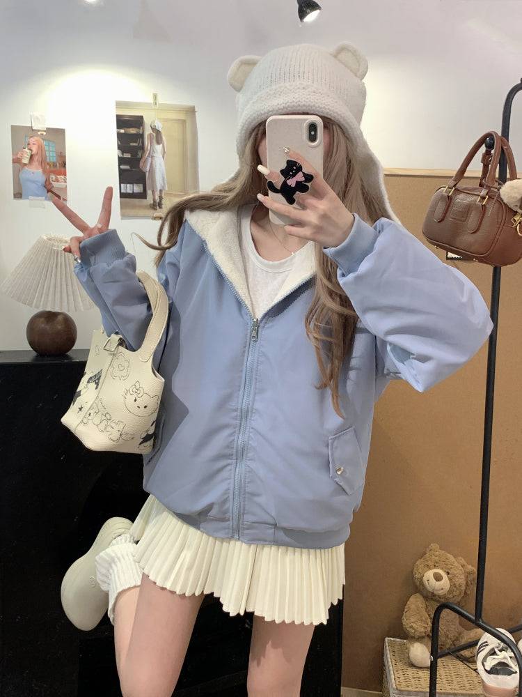 reversible lambswool hoodie jacket for women, fleece zip-up coat with hood, Korean sweet style winter jacket, thick plush knit cardigan, OOTDAY 2025 outerwear