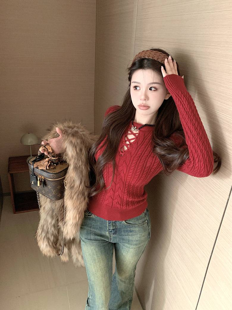 slim fit vintage knit sweater for women, lace-up knit pullover top, spring sweater top for girls, sweet Korean style knitwear, OOTDAY 2025 collection
