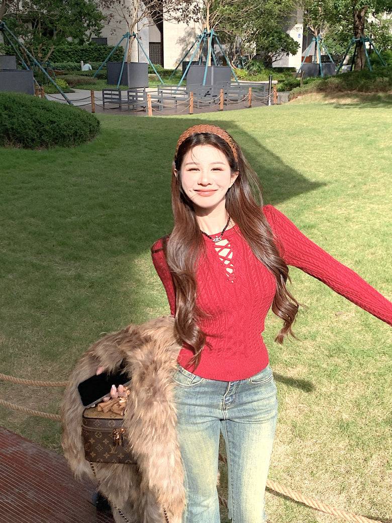 slim fit vintage knit sweater for women, lace-up knit pullover top, spring sweater top for girls, sweet Korean style knitwear, OOTDAY 2025 collection