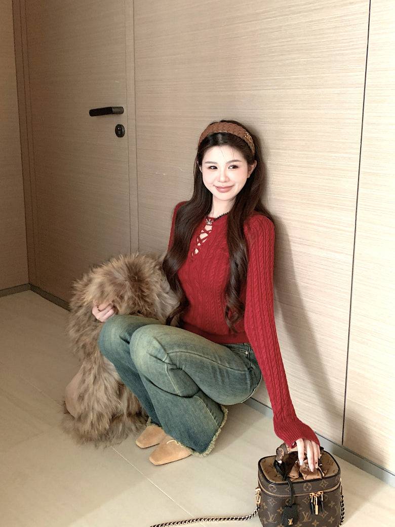 slim fit vintage knit sweater for women, lace-up knit pullover top, spring sweater top for girls, sweet Korean style knitwear, OOTDAY 2025 collection