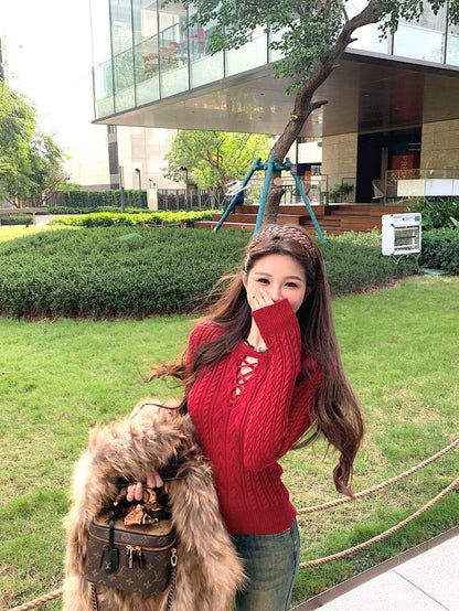 slim fit vintage knit sweater for women, lace-up knit pullover top, spring sweater top for girls, sweet Korean style knitwear, OOTDAY 2025 collection