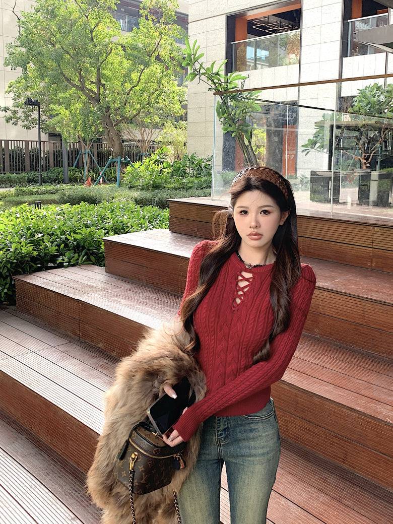slim fit vintage knit sweater for women, lace-up knit pullover top, spring sweater top for girls, sweet Korean style knitwear, OOTDAY 2025 collection