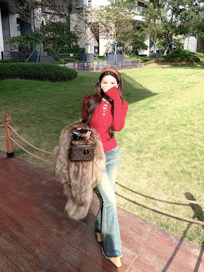 slim fit vintage knit sweater for women, lace-up knit pullover top, spring sweater top for girls, sweet Korean style knitwear, OOTDAY 2025 collection