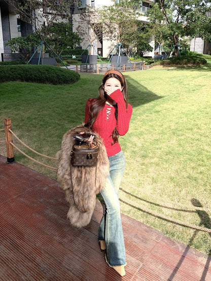 slim fit vintage knit sweater for women, lace-up knit pullover top, spring sweater top for girls, sweet Korean style knitwear, OOTDAY 2025 collection