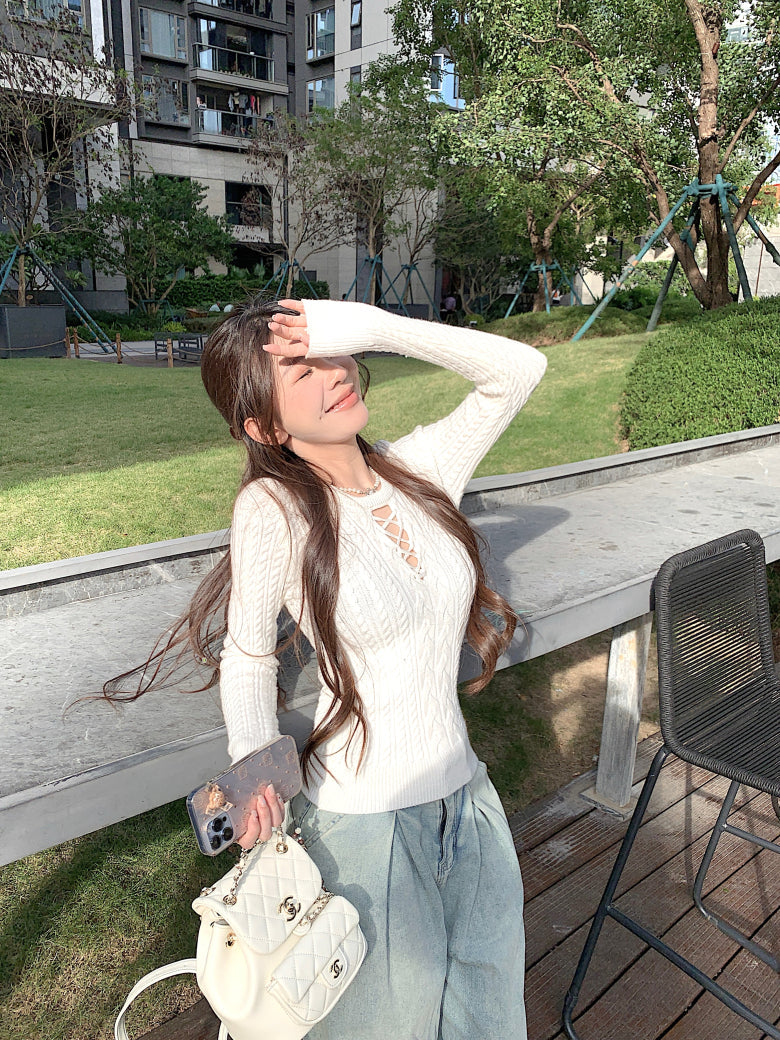 slim fit vintage knit sweater for women, lace-up knit pullover top, spring sweater top for girls, sweet Korean style knitwear, OOTDAY 2025 collection