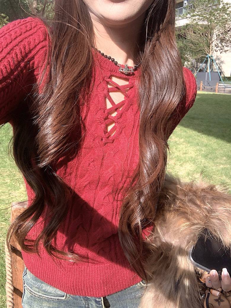 slim fit vintage knit sweater for women, lace-up knit pullover top, spring sweater top for girls, sweet Korean style knitwear, OOTDAY 2025 collection
