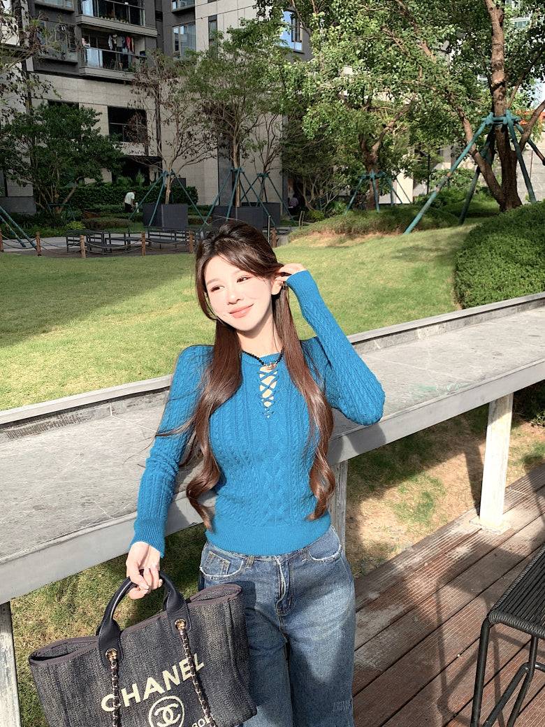 slim fit vintage knit sweater for women, lace-up knit pullover top, spring sweater top for girls, sweet Korean style knitwear, OOTDAY 2025 collection