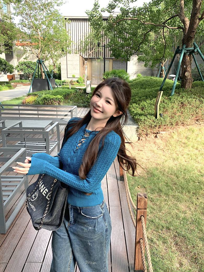 slim fit vintage knit sweater for women, lace-up knit pullover top, spring sweater top for girls, sweet Korean style knitwear, OOTDAY 2025 collection