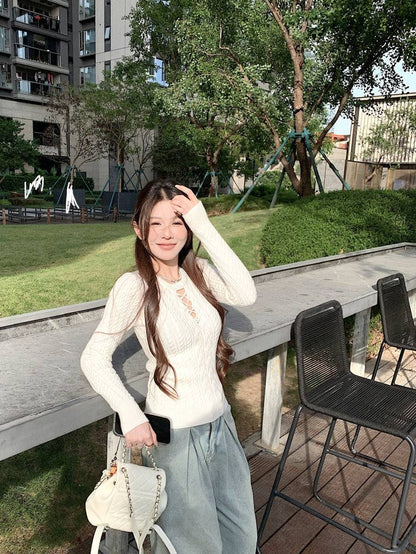 slim fit vintage knit sweater for women, lace-up knit pullover top, spring sweater top for girls, sweet Korean style knitwear, OOTDAY 2025 collection