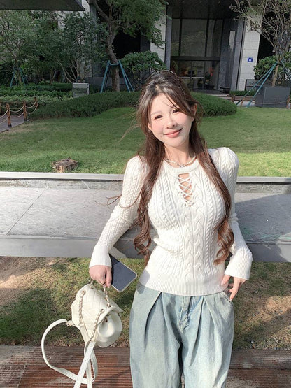 slim fit vintage knit sweater for women, lace-up knit pullover top, spring sweater top for girls, sweet Korean style knitwear, OOTDAY 2025 collection