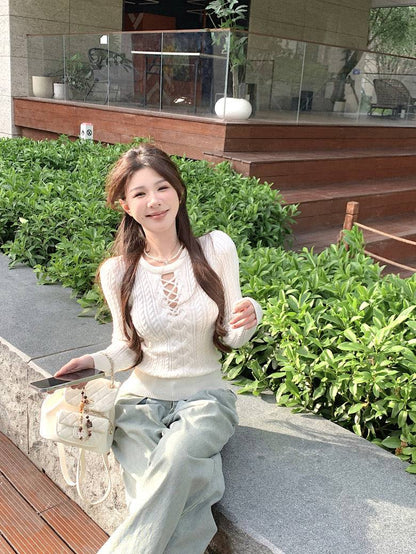 slim fit vintage knit sweater for women, lace-up knit pullover top, spring sweater top for girls, sweet Korean style knitwear, OOTDAY 2025 collection