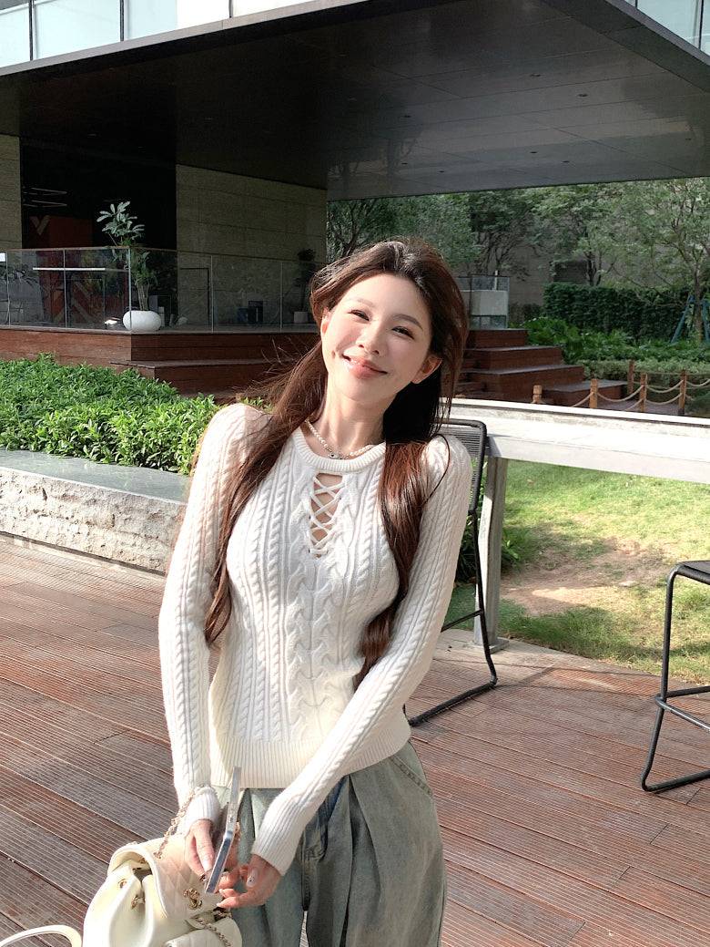 slim fit vintage knit sweater for women, lace-up knit pullover top, spring sweater top for girls, sweet Korean style knitwear, OOTDAY 2025 collection