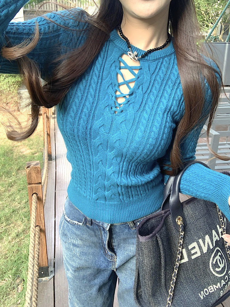 slim fit vintage knit sweater for women, lace-up knit pullover top, spring sweater top for girls, sweet Korean style knitwear, OOTDAY 2025 collection