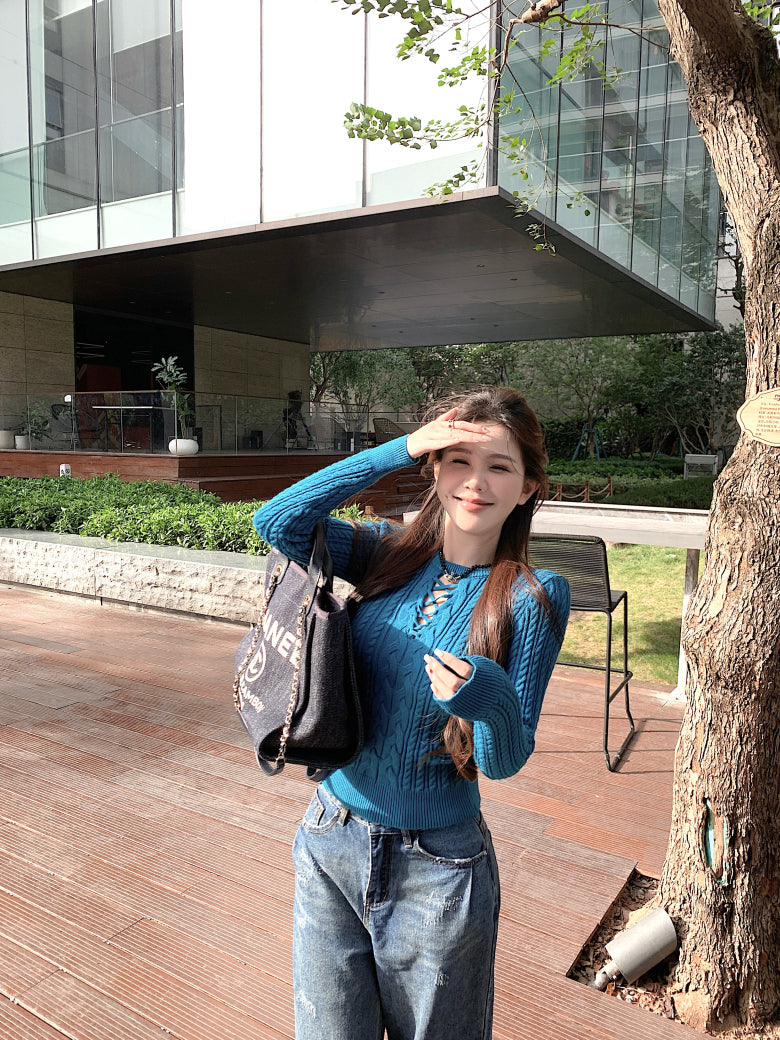slim fit vintage knit sweater for women, lace-up knit pullover top, spring sweater top for girls, sweet Korean style knitwear, OOTDAY 2025 collection