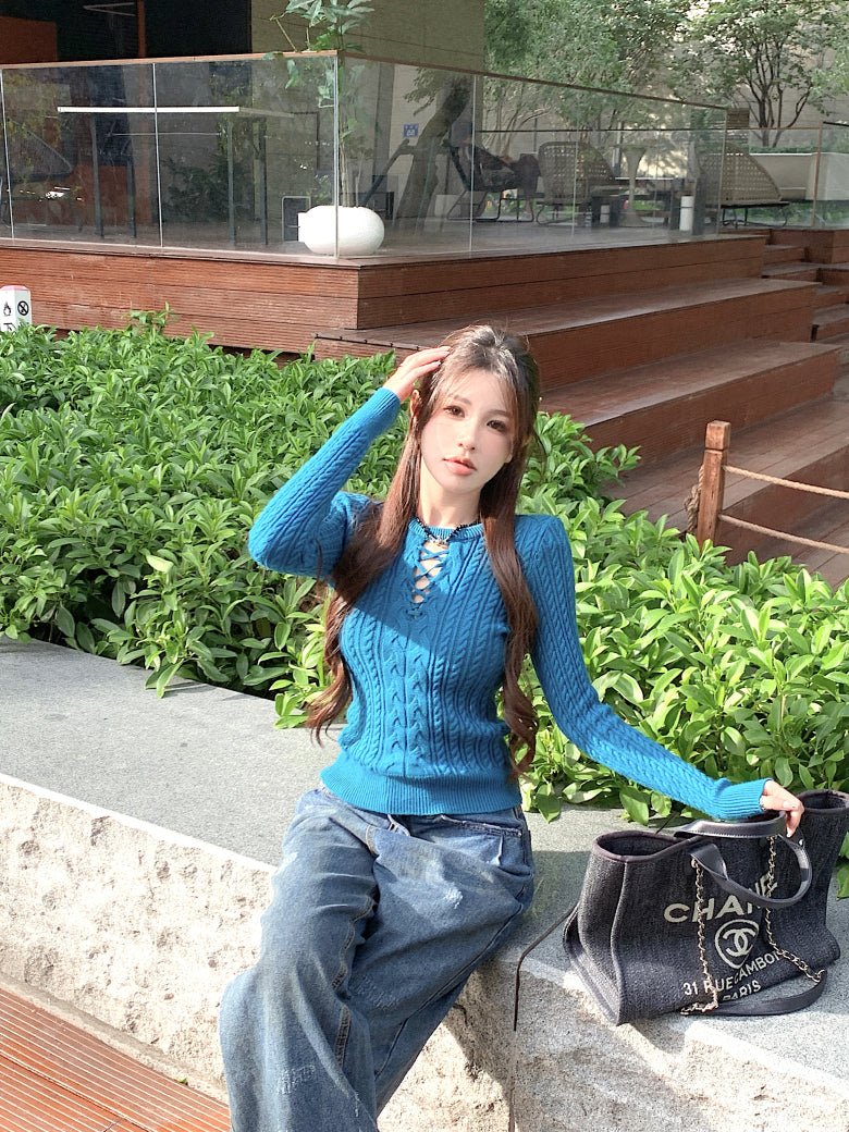 slim fit vintage knit sweater for women, lace-up knit pullover top, spring sweater top for girls, sweet Korean style knitwear, OOTDAY 2025 collection