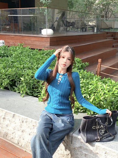 slim fit vintage knit sweater for women, lace-up knit pullover top, spring sweater top for girls, sweet Korean style knitwear, OOTDAY 2025 collection