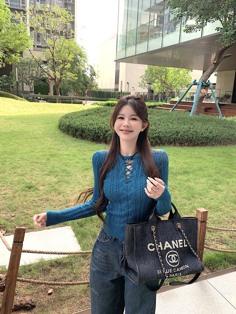 slim fit vintage knit sweater for women, lace-up knit pullover top, spring sweater top for girls, sweet Korean style knitwear, OOTDAY 2025 collection