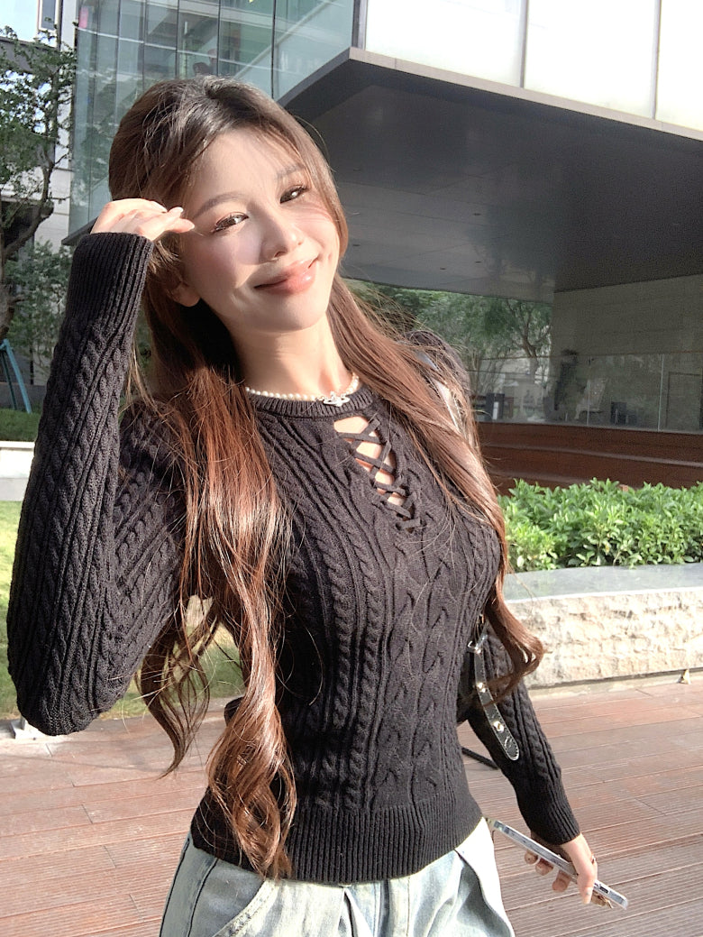 slim fit vintage knit sweater for women, lace-up knit pullover top, spring sweater top for girls, sweet Korean style knitwear, OOTDAY 2025 collection