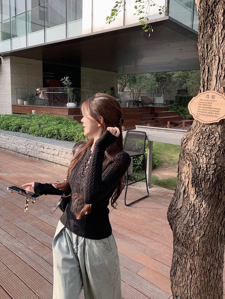 slim fit vintage knit sweater for women, lace-up knit pullover top, spring sweater top for girls, sweet Korean style knitwear, OOTDAY 2025 collection