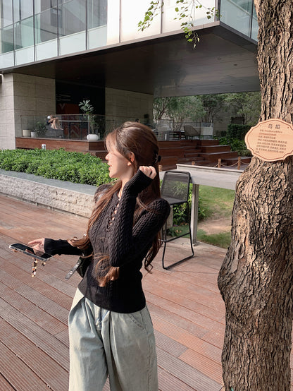 slim fit vintage knit sweater for women, lace-up knit pullover top, spring sweater top for girls, sweet Korean style knitwear, OOTDAY 2025 collection