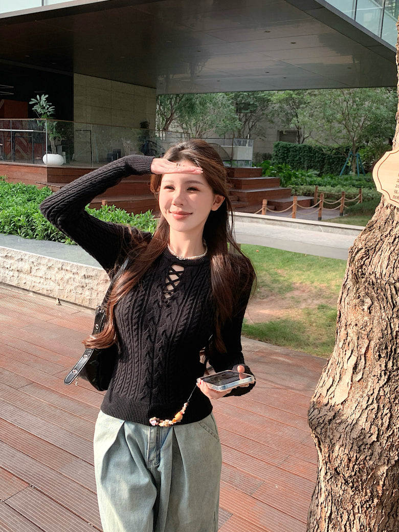 slim fit vintage knit sweater for women, lace-up knit pullover top, spring sweater top for girls, sweet Korean style knitwear, OOTDAY 2025 collection