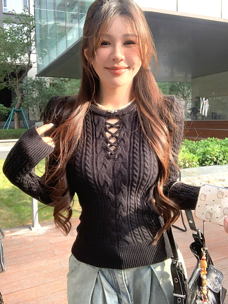 slim fit vintage knit sweater for women, lace-up knit pullover top, spring sweater top for girls, sweet Korean style knitwear, OOTDAY 2025 collection