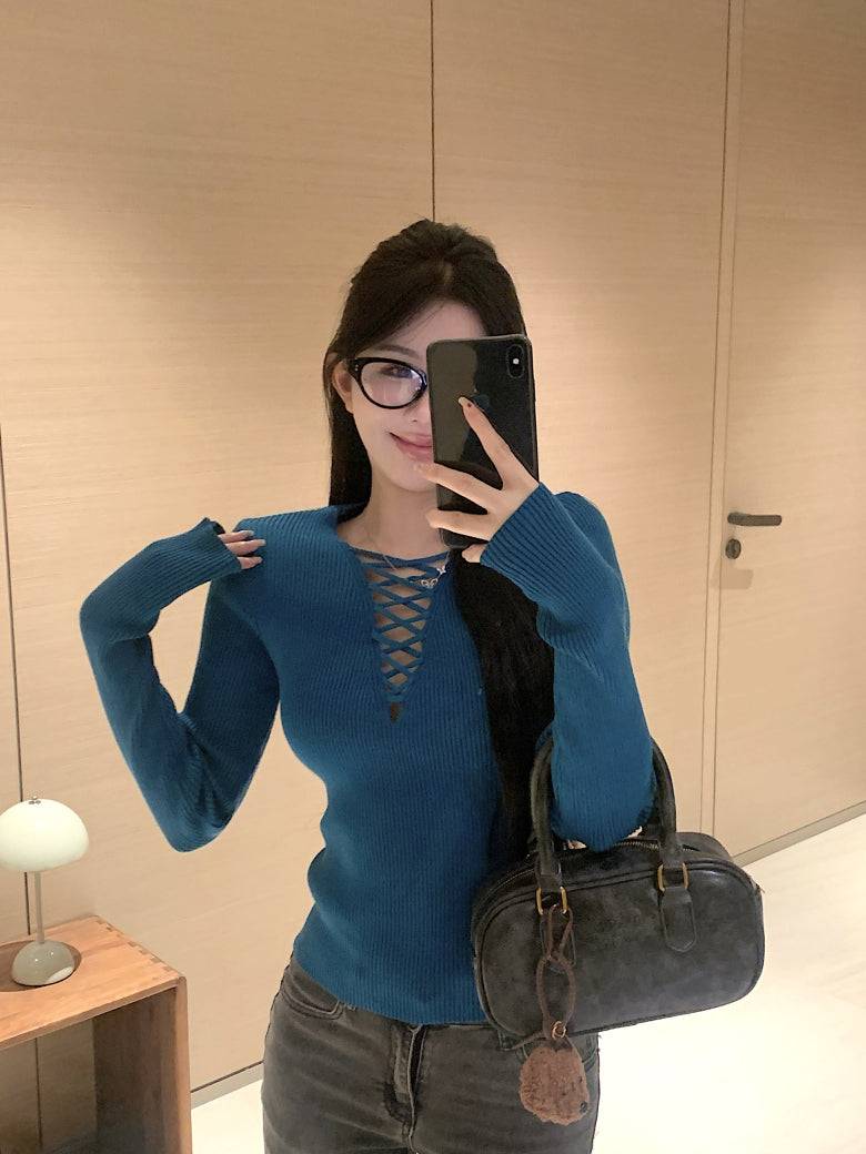 tie-front knit top, sexy slim fit spring sweater, sweet girl long sleeve knitwear, OOTDAY knit pullover, stylish acetate knit top