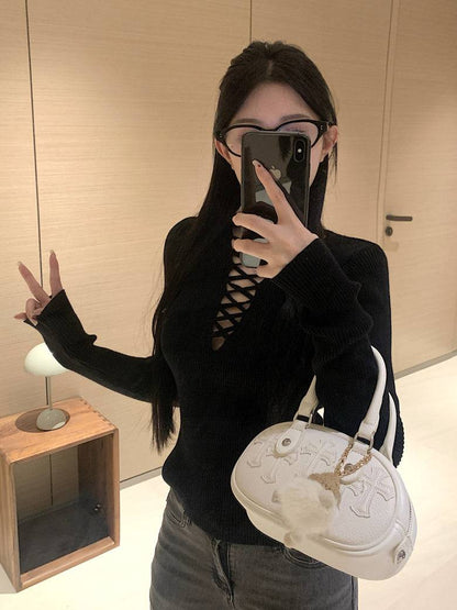 tie-front knit top, sexy slim fit spring sweater, sweet girl long sleeve knitwear, OOTDAY knit pullover, stylish acetate knit top