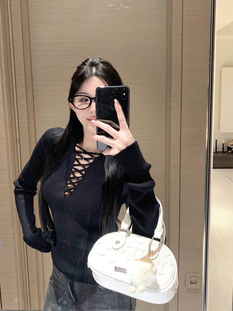tie-front knit top, sexy slim fit spring sweater, sweet girl long sleeve knitwear, OOTDAY knit pullover, stylish acetate knit top