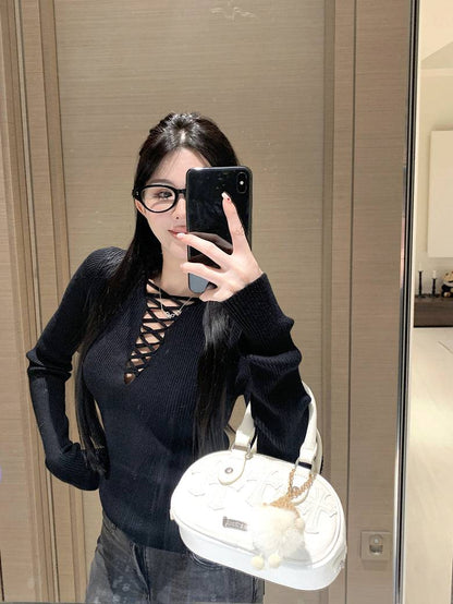 tie-front knit top, sexy slim fit spring sweater, sweet girl long sleeve knitwear, OOTDAY knit pullover, stylish acetate knit top