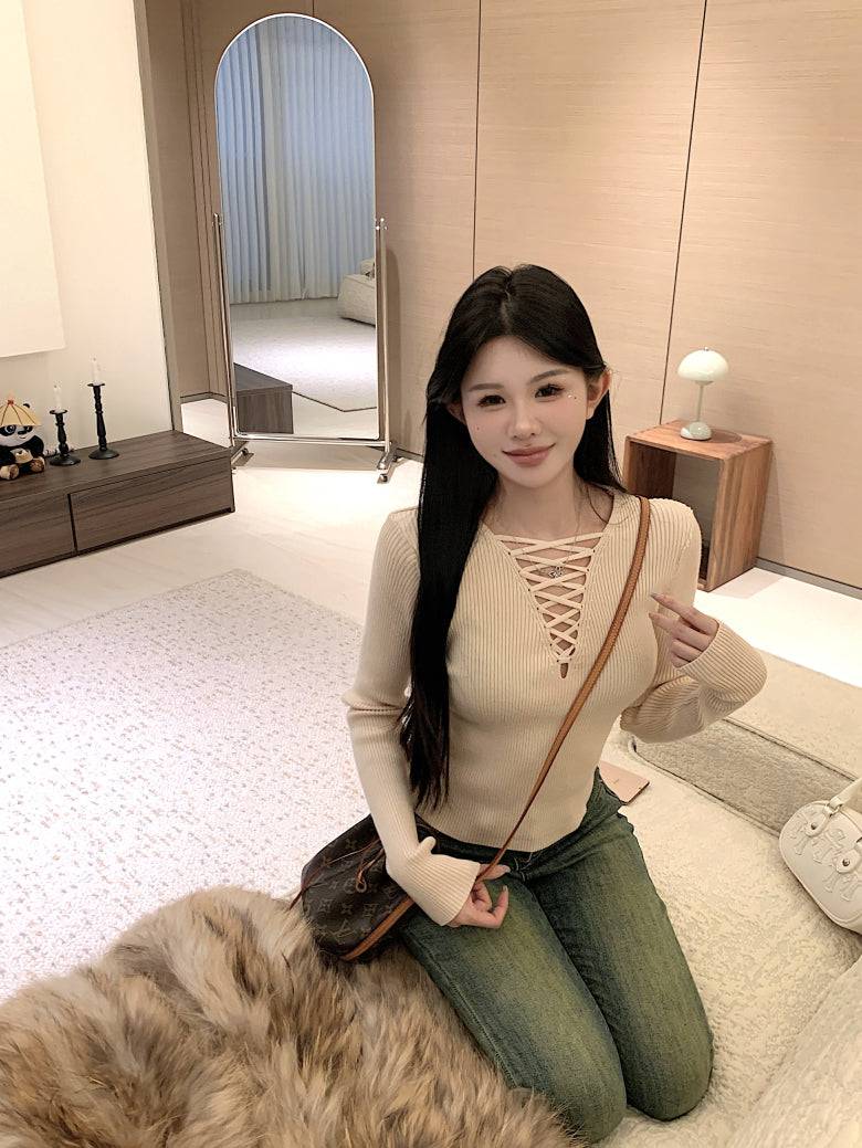 tie-front knit top, sexy slim fit spring sweater, sweet girl long sleeve knitwear, OOTDAY knit pullover, stylish acetate knit top