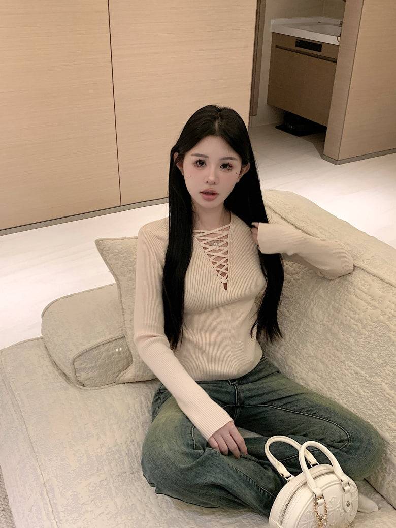 tie-front knit top, sexy slim fit spring sweater, sweet girl long sleeve knitwear, OOTDAY knit pullover, stylish acetate knit top