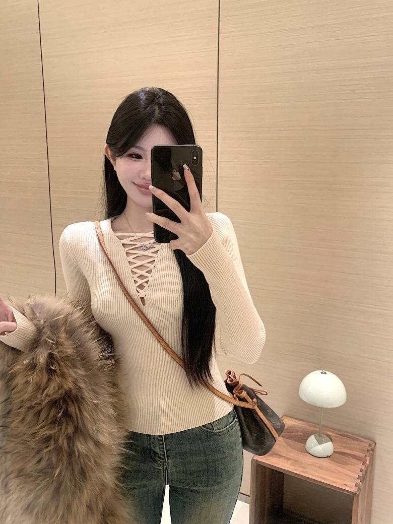 tie-front knit top, sexy slim fit spring sweater, sweet girl long sleeve knitwear, OOTDAY knit pullover, stylish acetate knit top