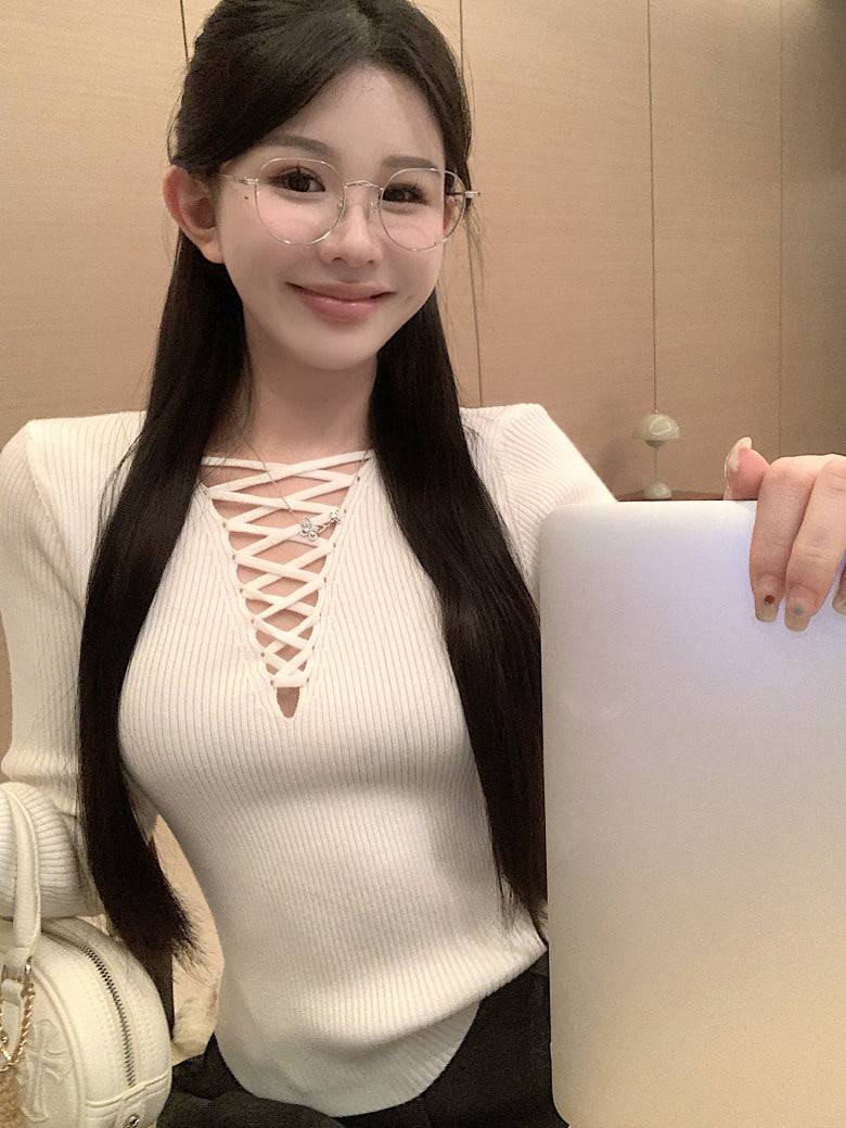 tie-front knit top, sexy slim fit spring sweater, sweet girl long sleeve knitwear, OOTDAY knit pullover, stylish acetate knit top