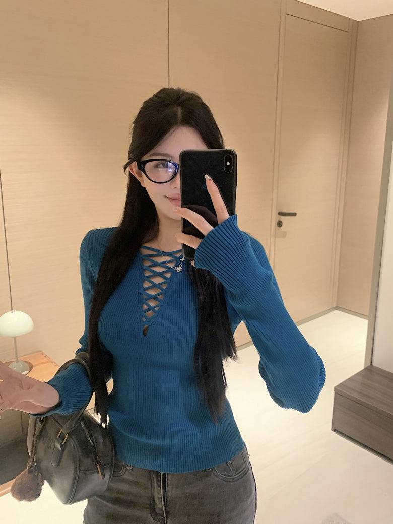 tie-front knit top, sexy slim fit spring sweater, sweet girl long sleeve knitwear, OOTDAY knit pullover, stylish acetate knit top